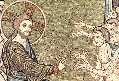 Jesus heilt die Leprakranken. Mosaik aus einer Kirche. 