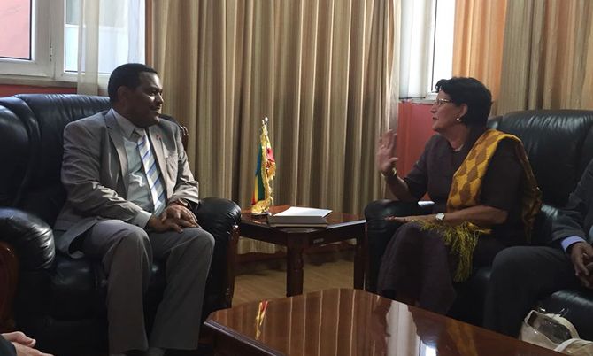 DAHW-Präsidentin Gudrun Freifrau von Wiedersperg im Gespräch mit dem äthiopischen Gesundheitsminister Dr. Kebede Worku