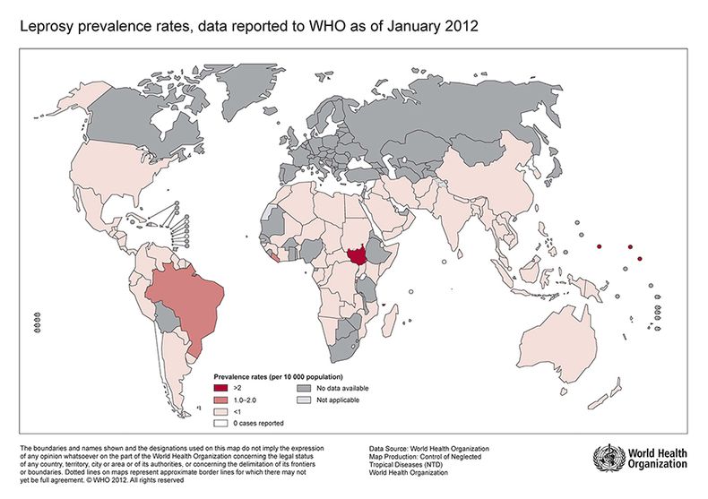 Leprosy prevalence rates, data reported to WHO as of January 2012